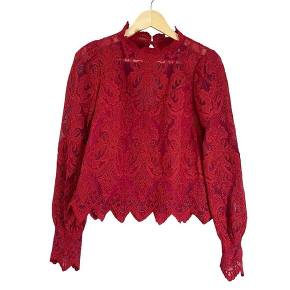 Saylor Norma Red Lace Top Long Sleeve High Neck Sheer - Picture 11 of 12